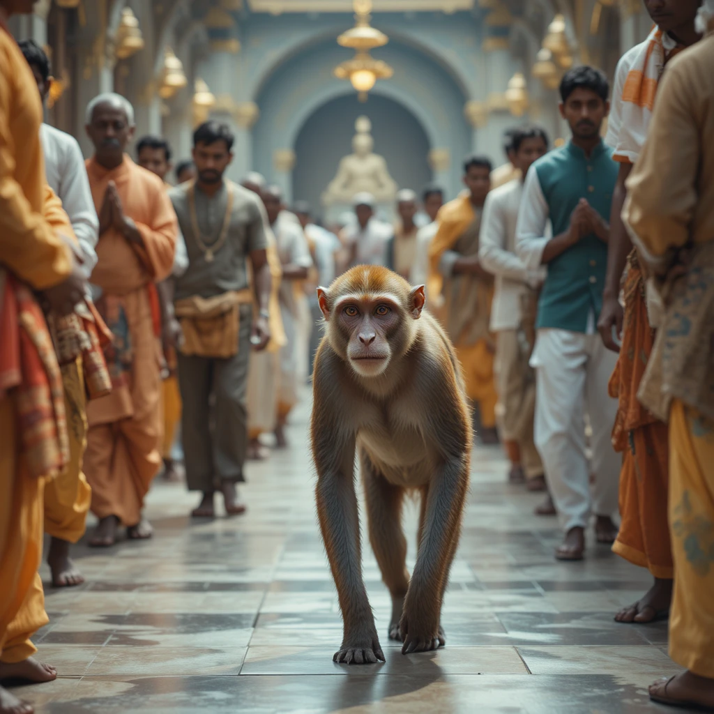 Macaco Caminhando Entre Devotos em um Templo Indiano