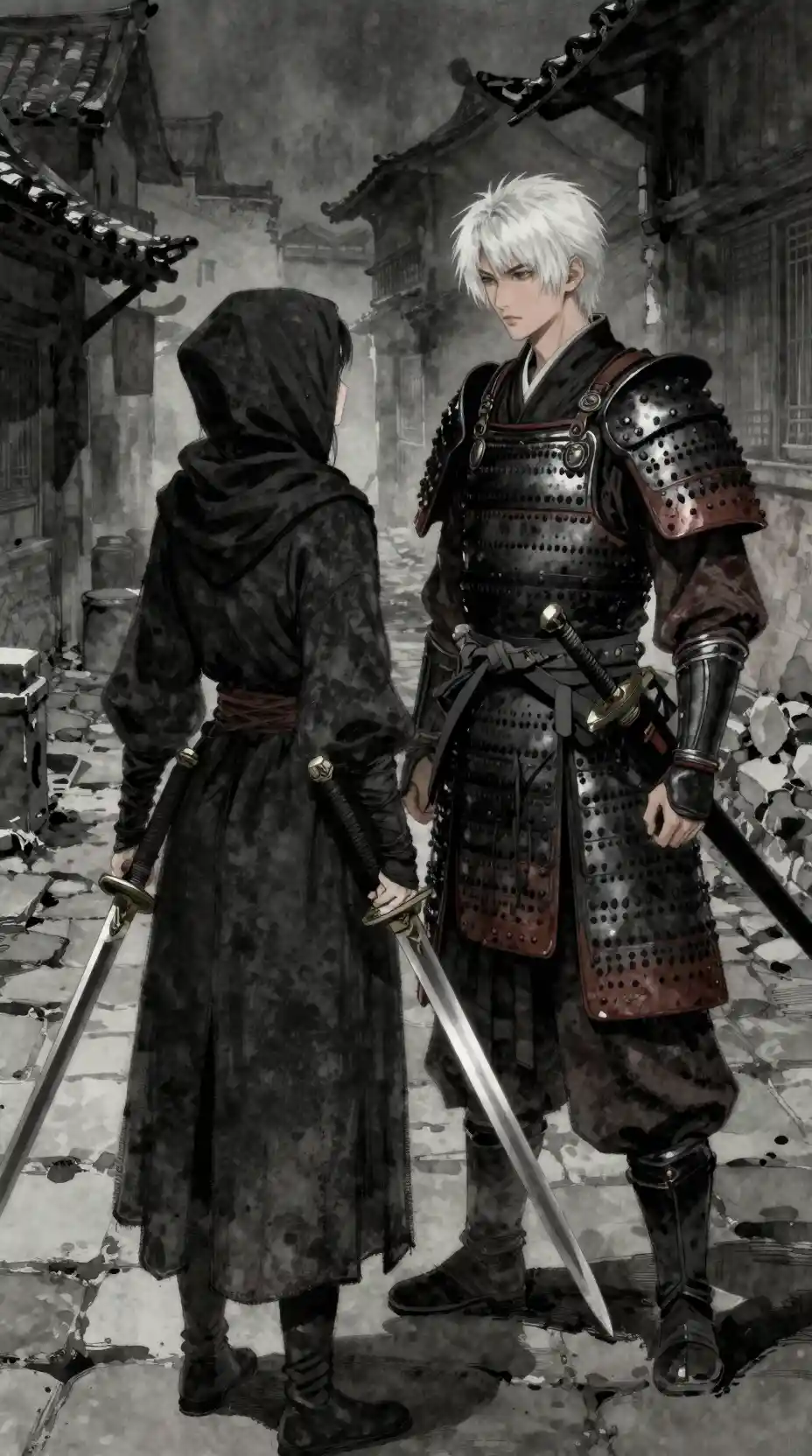 Hooded female warrior facing samurai in medieval alley