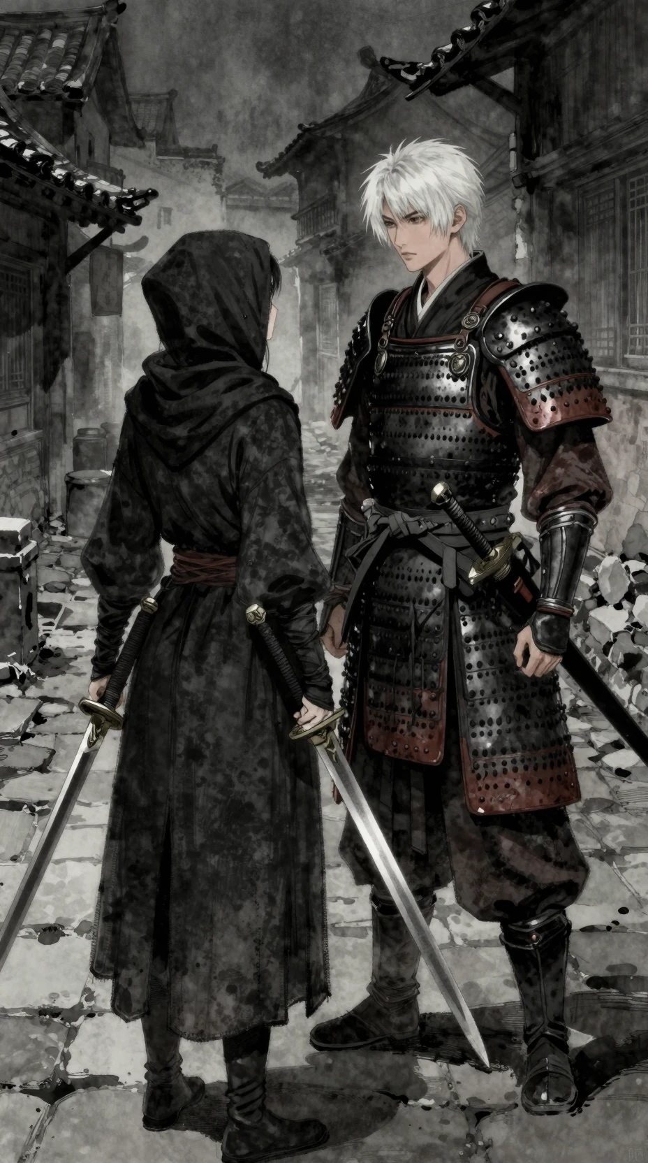 Hooded female warrior facing samurai in medieval alley
