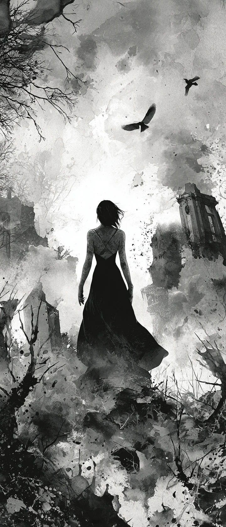 Gothic woman in cornfield under ominous neo noir sky