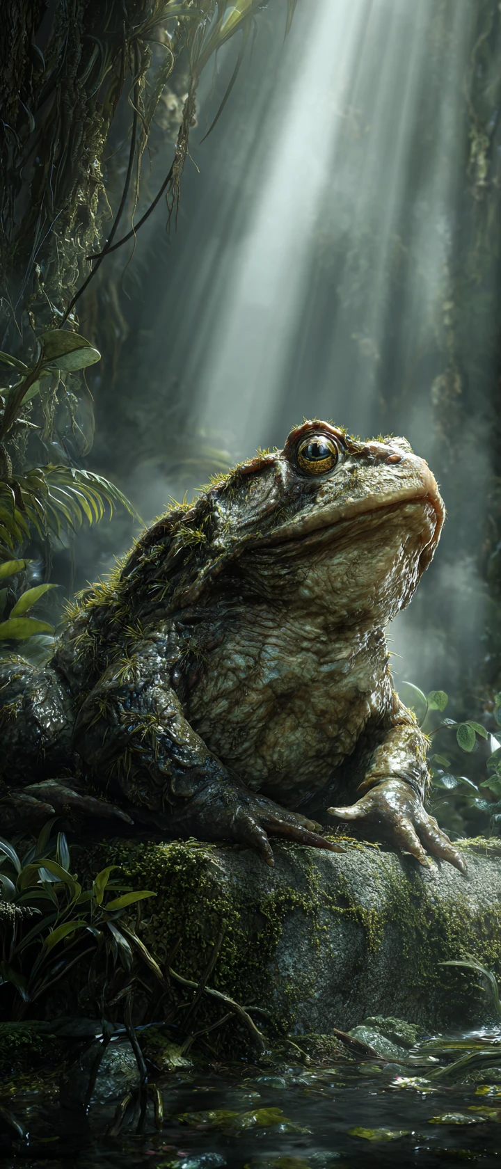 Vieille grenouille sage sur une pierre dans un marais mystique et brumeux