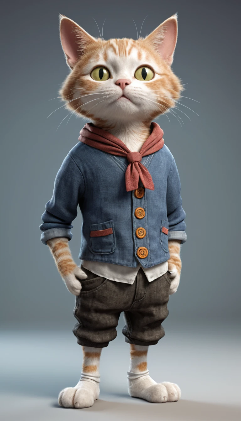 Gato 3D antropomórfico com traje clássico de menino pobre