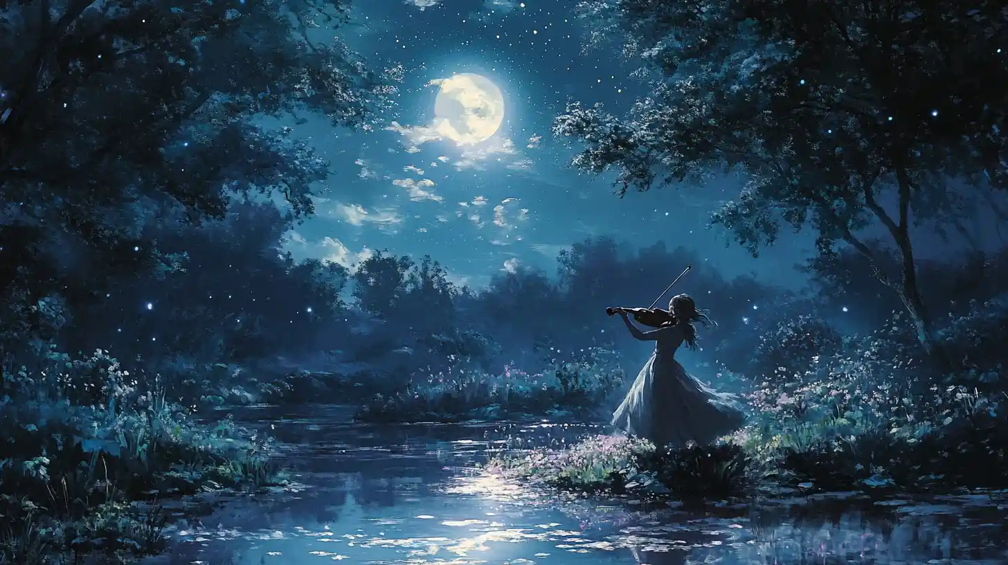 Violoniste solitaire dans un jardin serein au clair de lune