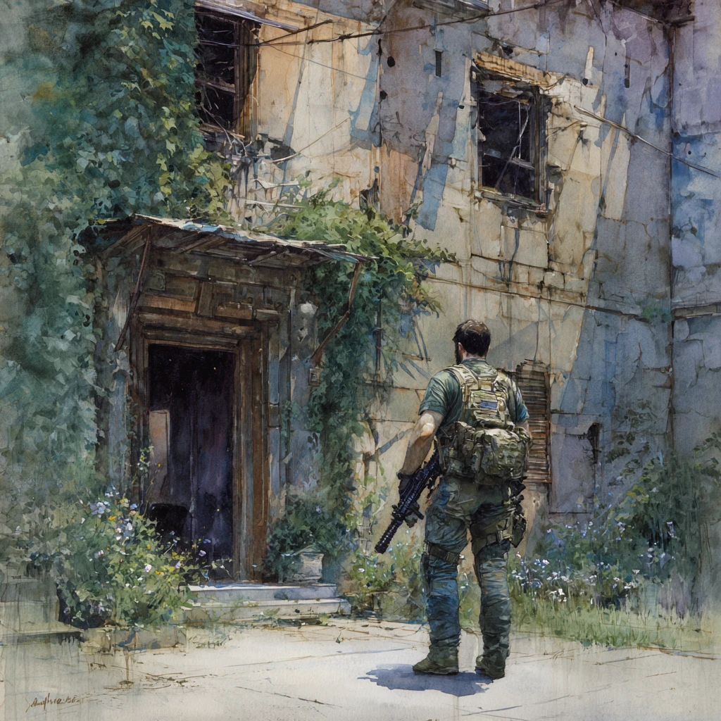 Soldat solitaire dans des ruines couvertes de lierre sur une rue silencieuse de la ville
