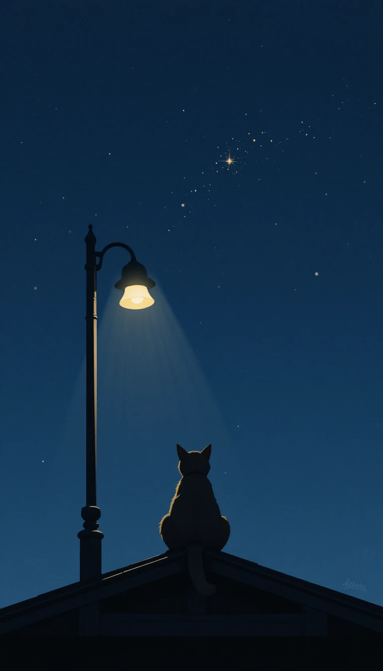 Lonely cat on a rooftop under a glowing streetlamp