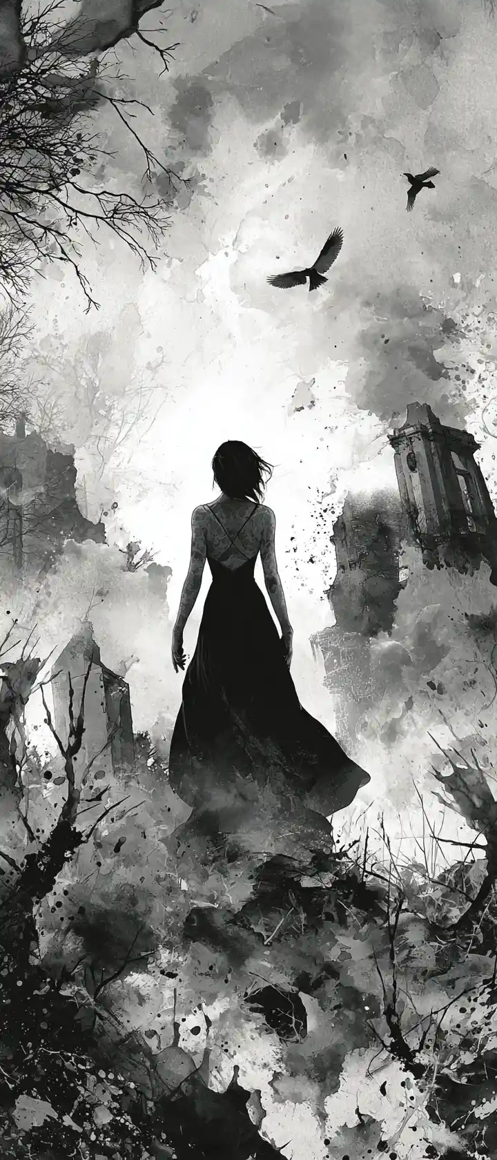 Gothic woman in cornfield under ominous neo noir sky