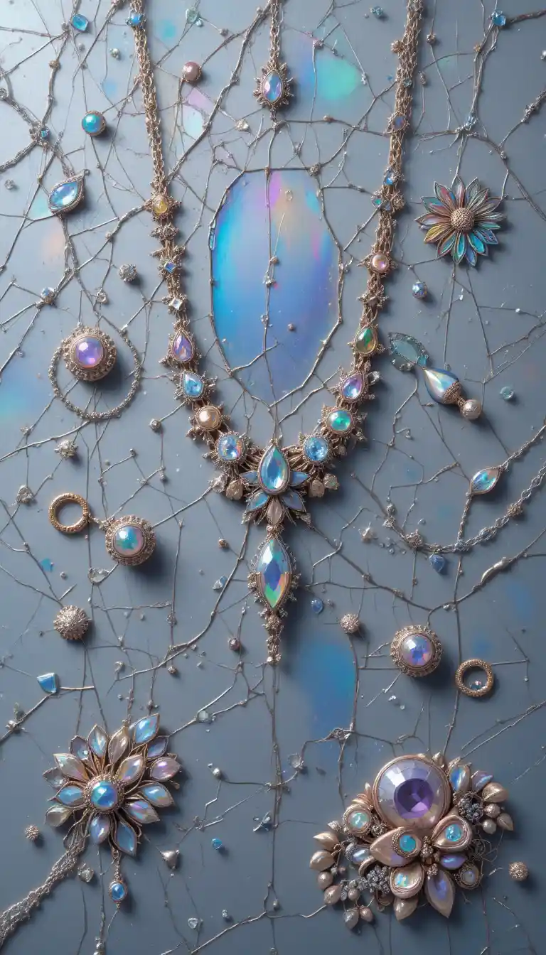 Liquid mercury jewelry still life in pastel glass tones