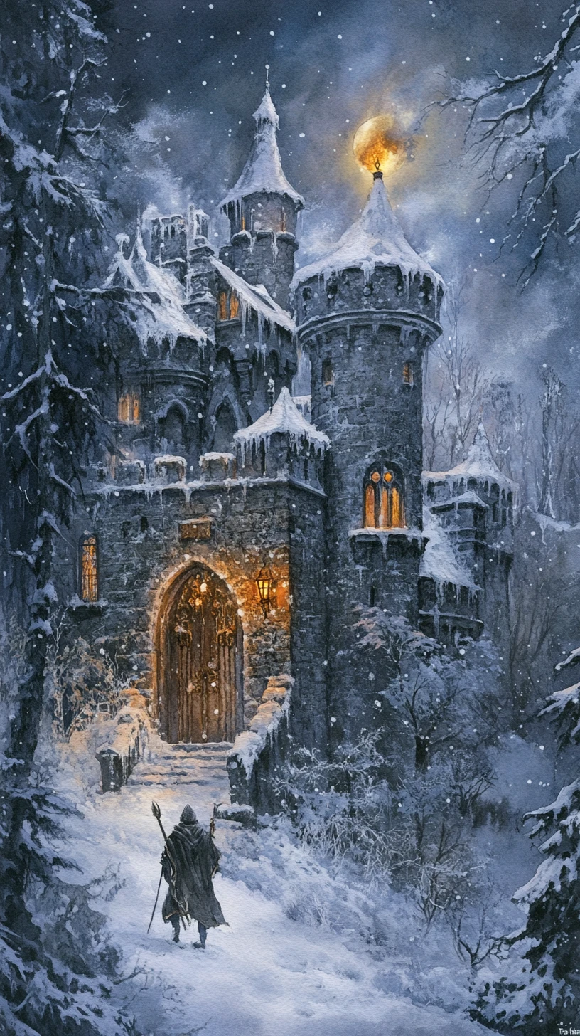 Château enneigé brillant sous le ciel d’hiver éclairé par la lune