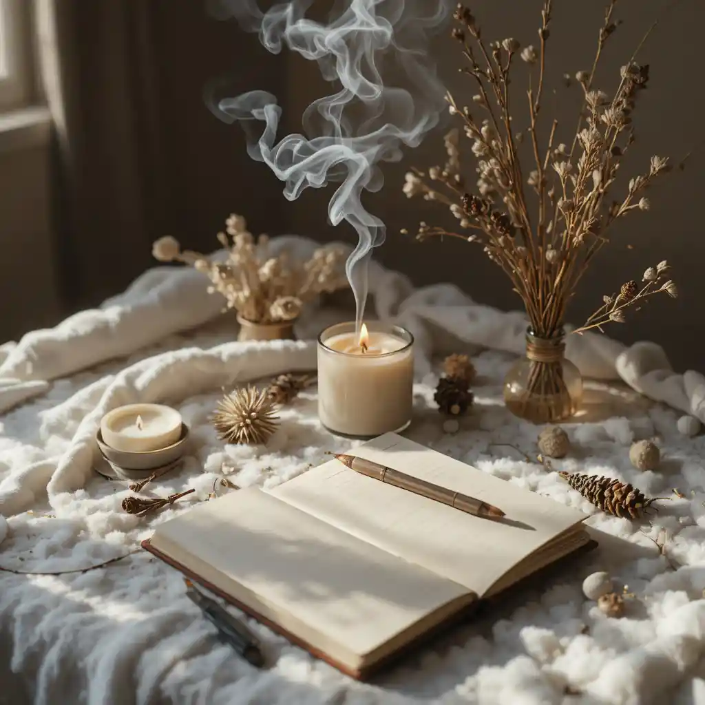 Minimalist winter altar with candle and notebook on table