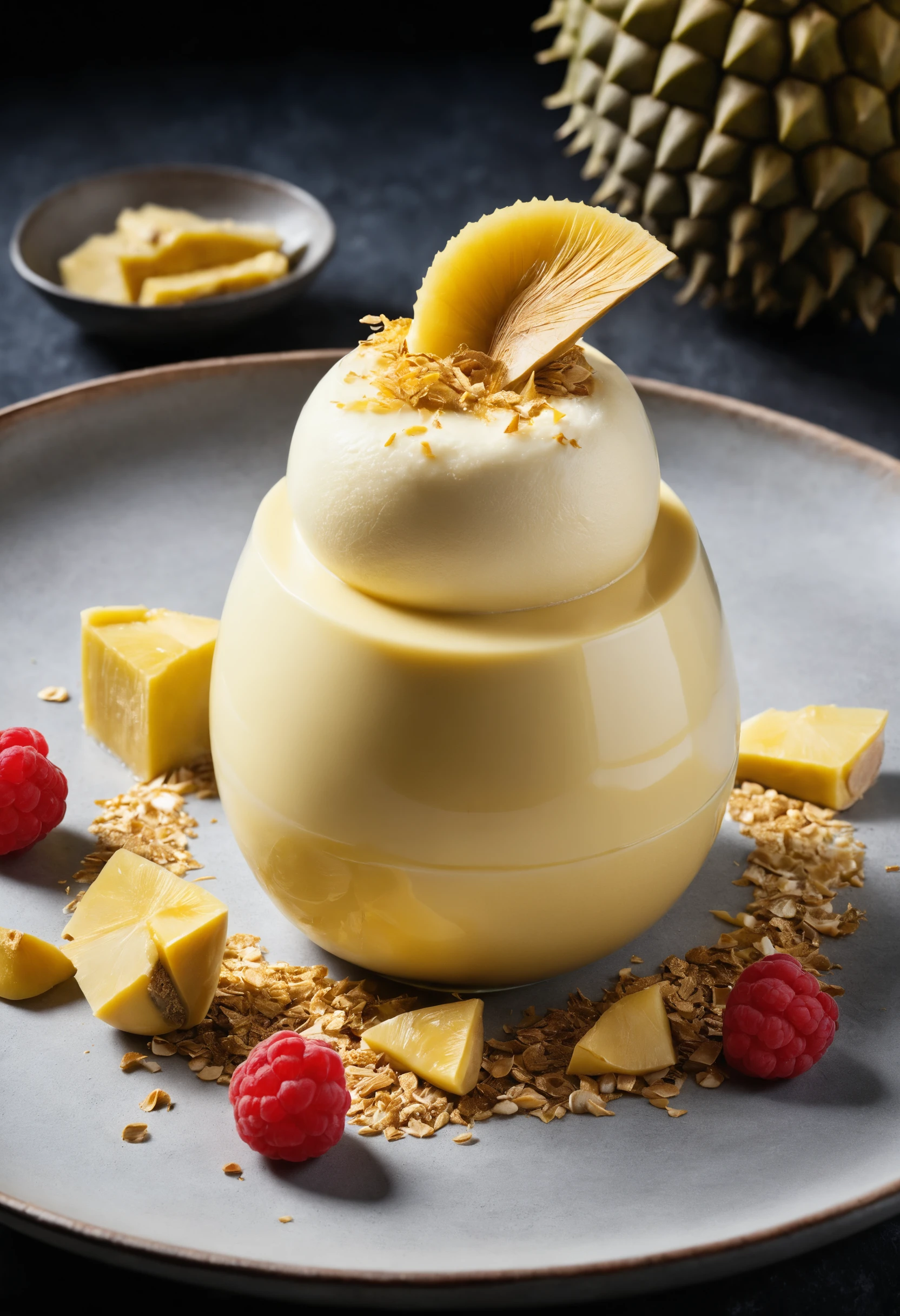 Sobremesa de parfait de durião em camadas com coco e jaca