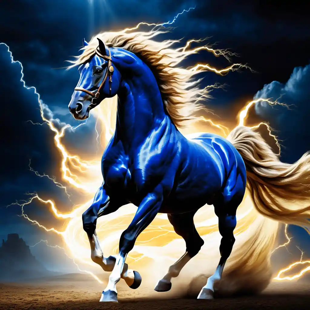 Majestoso cavalo do trovão empinando em um reino de fantasia tempestuoso