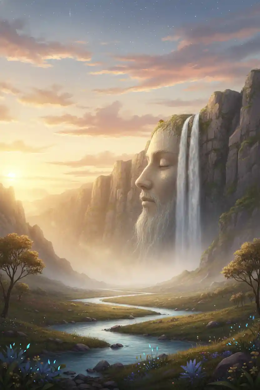 Distant waterfall forming a subtle human profile at sunset