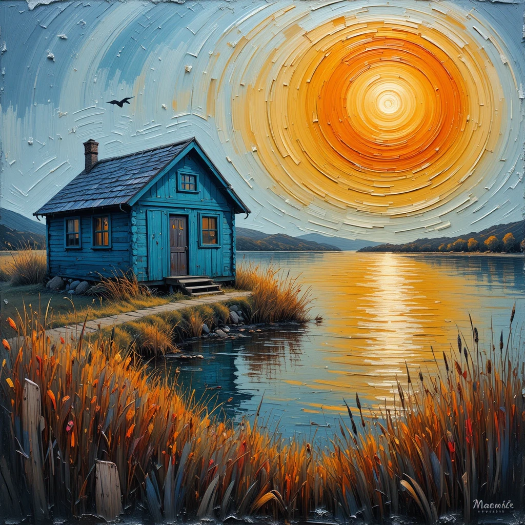 Rustic lakeside cabin oil painting at glowing sunset