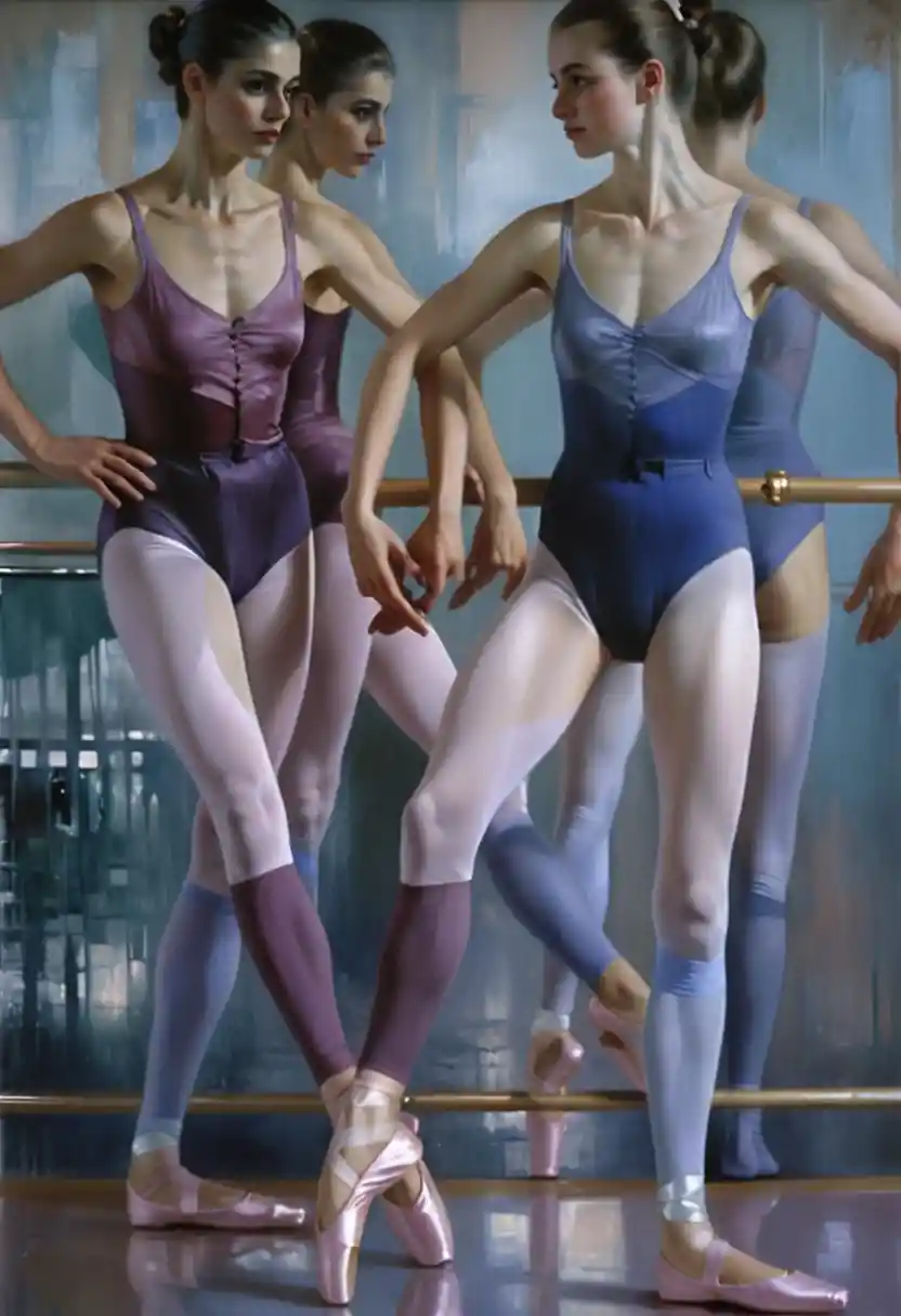 Tre giovani ballerine alla sbarra in uno studio silenzioso
