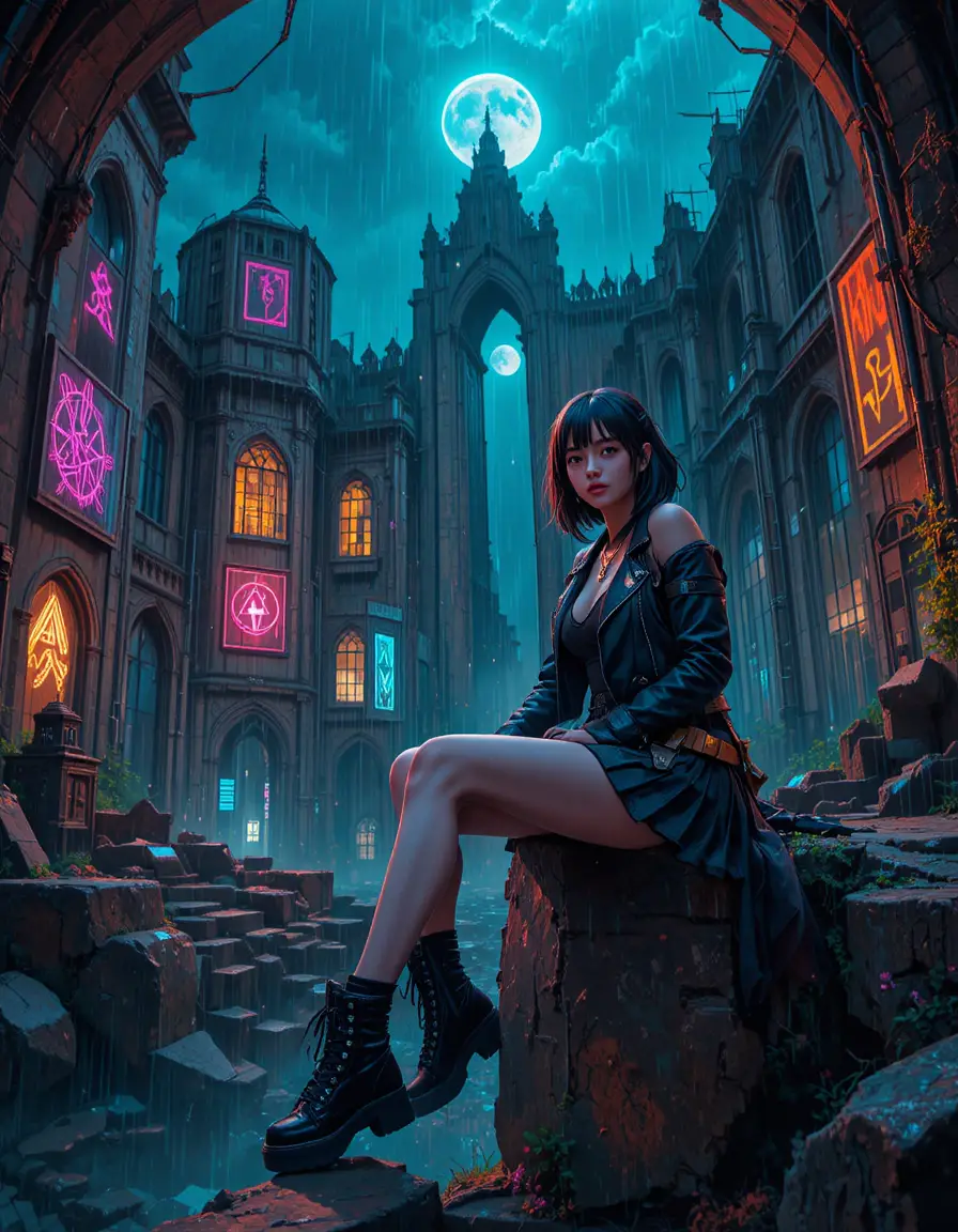 Garota de anime cyberpunk em ruínas mágicas iluminadas por neon