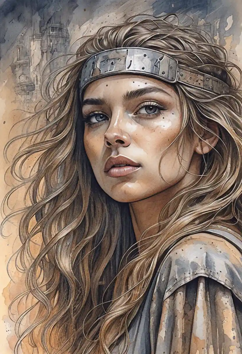 Warrior woman portrait with windblown hair and intense gaze