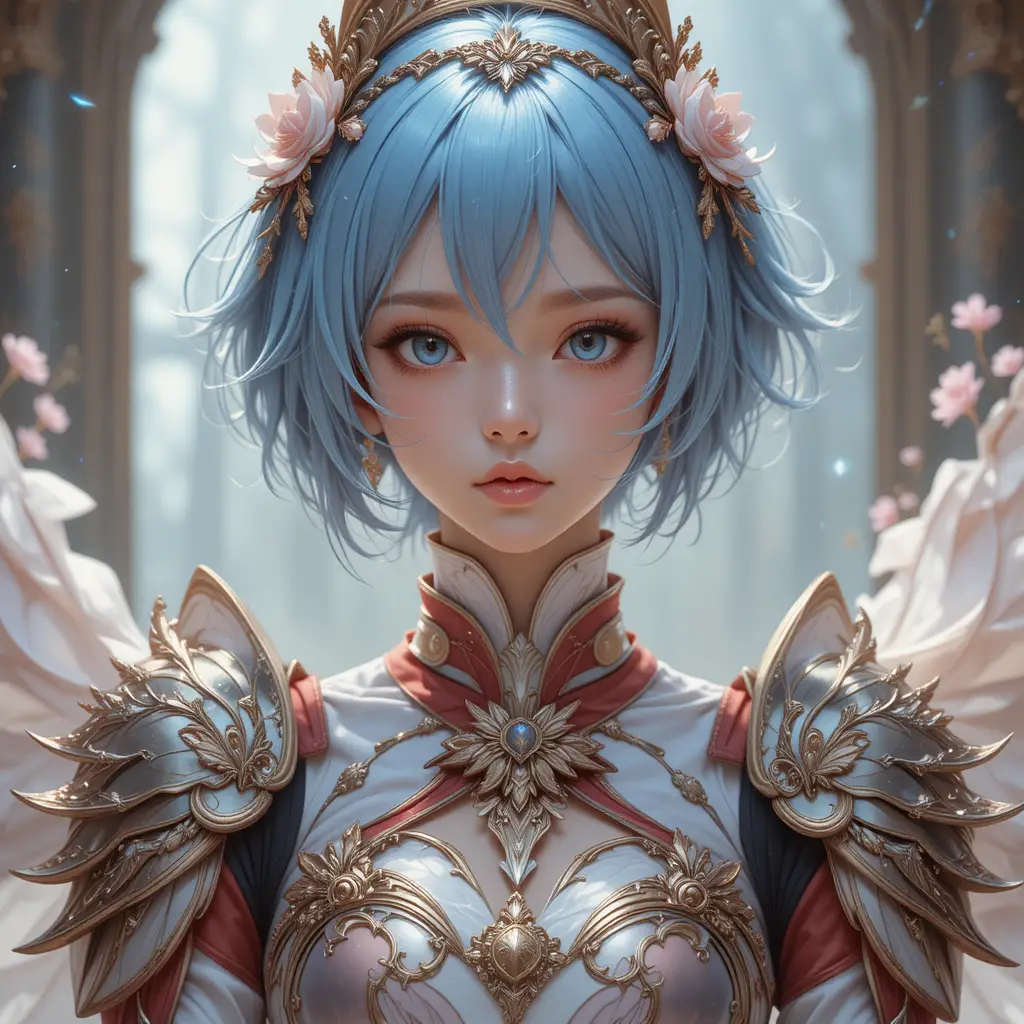 Elegante guerreira de anime em armadura floral ornamentada