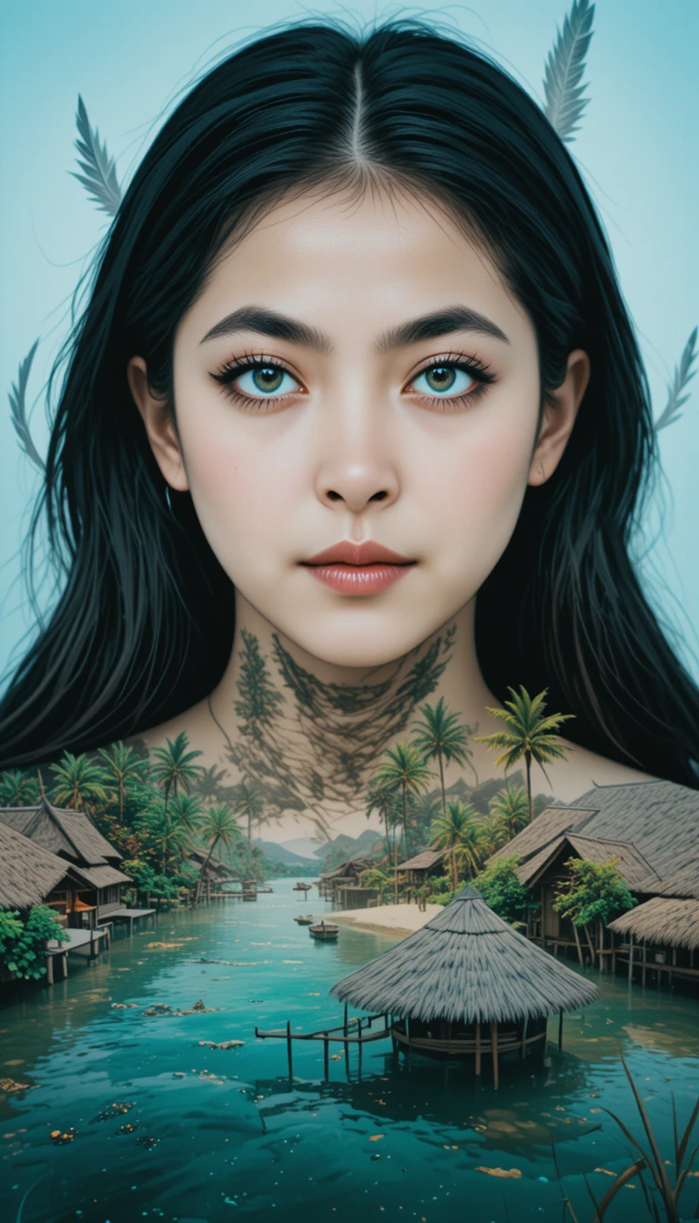 Retrato de dupla exposição de mulher com rio tropical