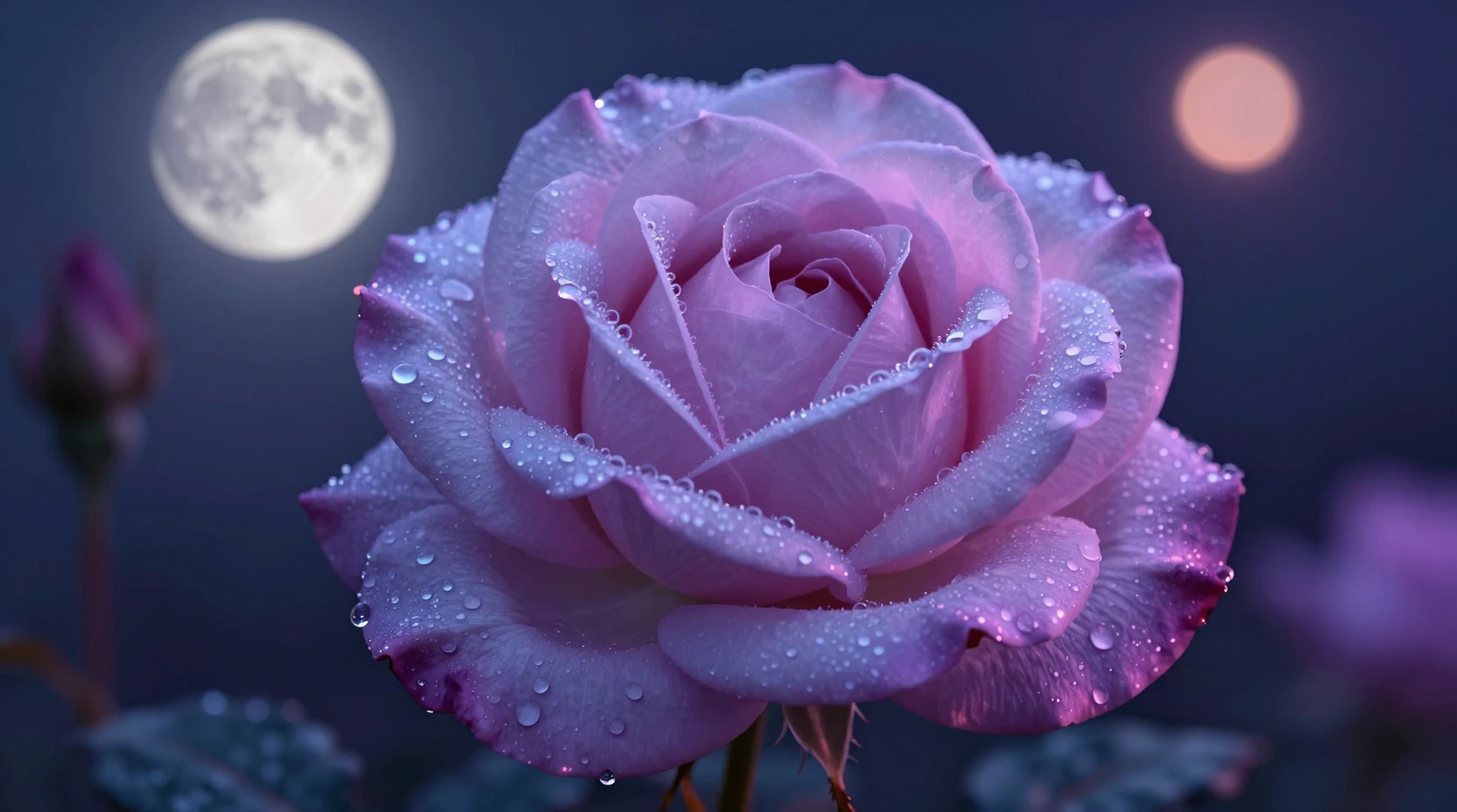 Mondbeschienene violette Rose, die sanft im Morgentau leuchtet