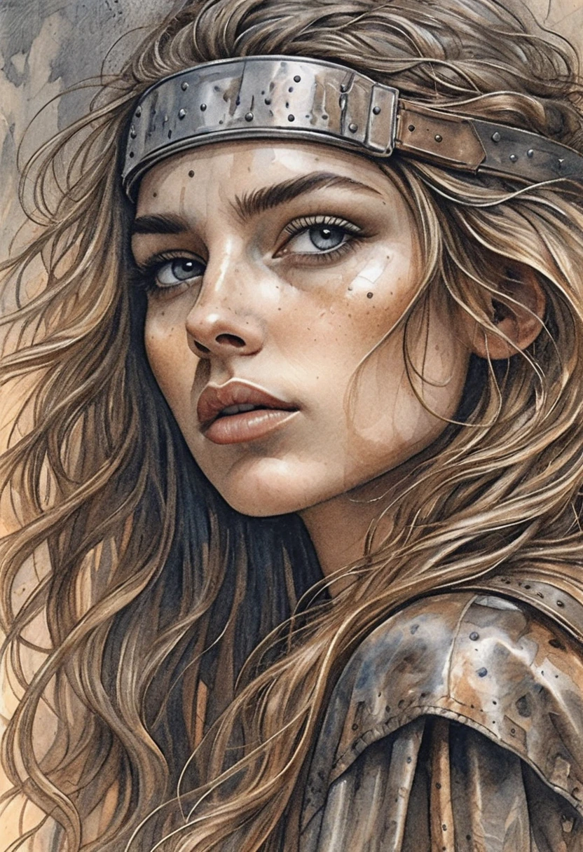 Warrior woman portrait with windblown hair and steel headband