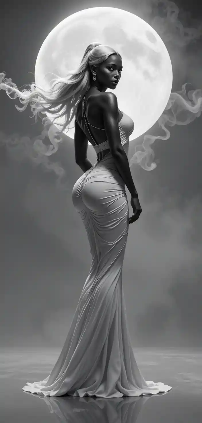 Tall muscular woman in avant garde neon sculptural gown