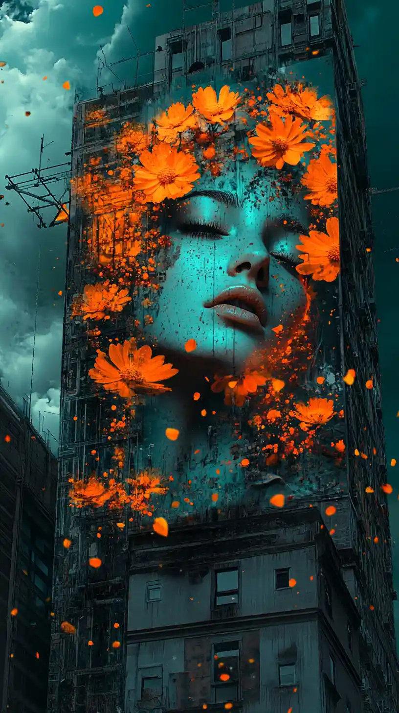 Panneau publicitaire de femme fusionné avec des fleurs orange dans une ville dystopique