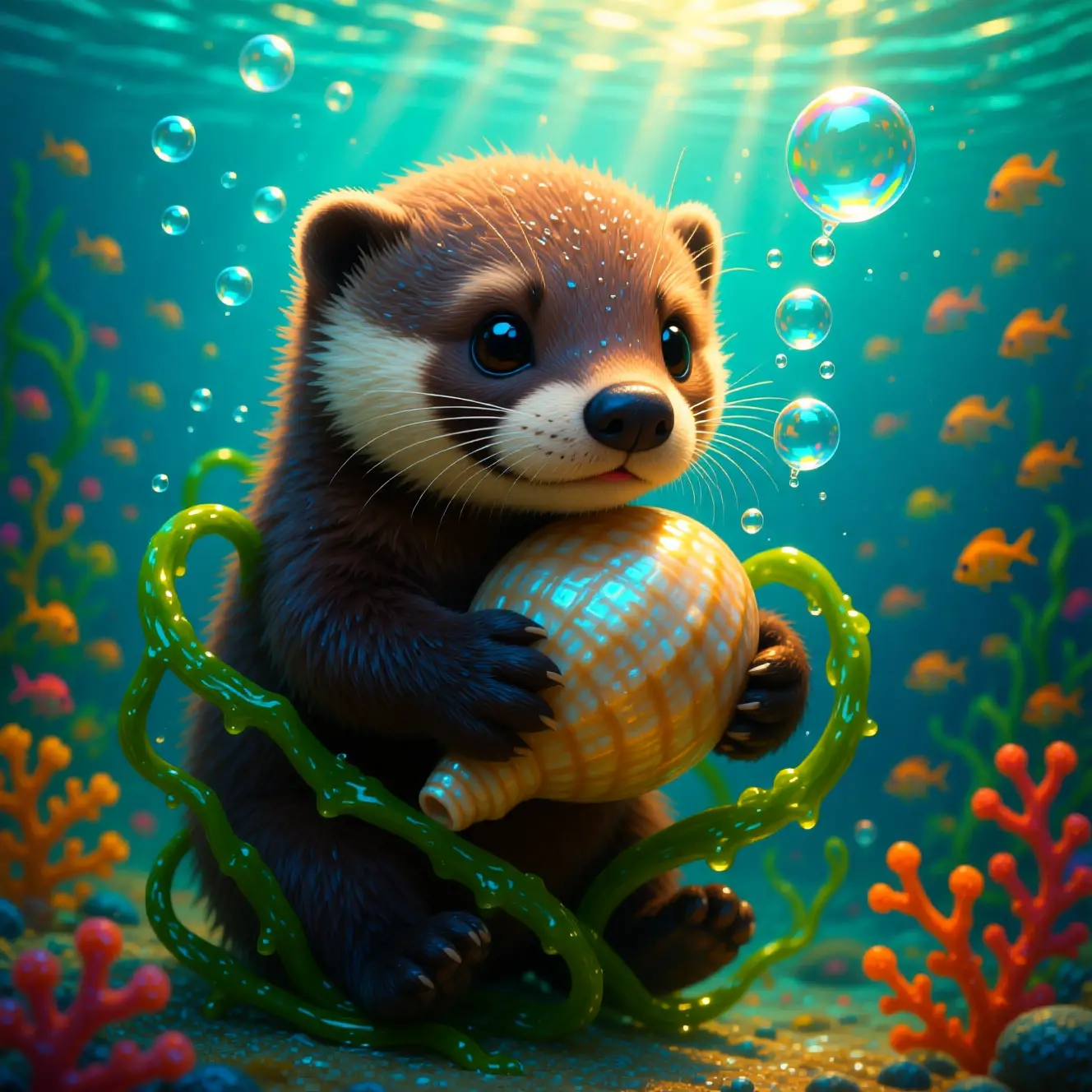 Cute baby sea otter tangled in kelp under sunlight