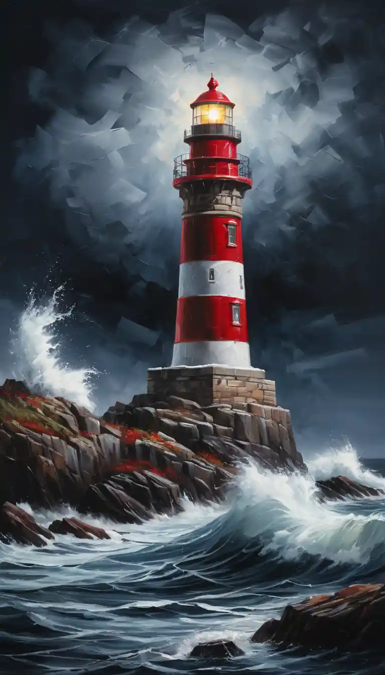 Red And White Lighthouse In Stormy Winter Night Waves