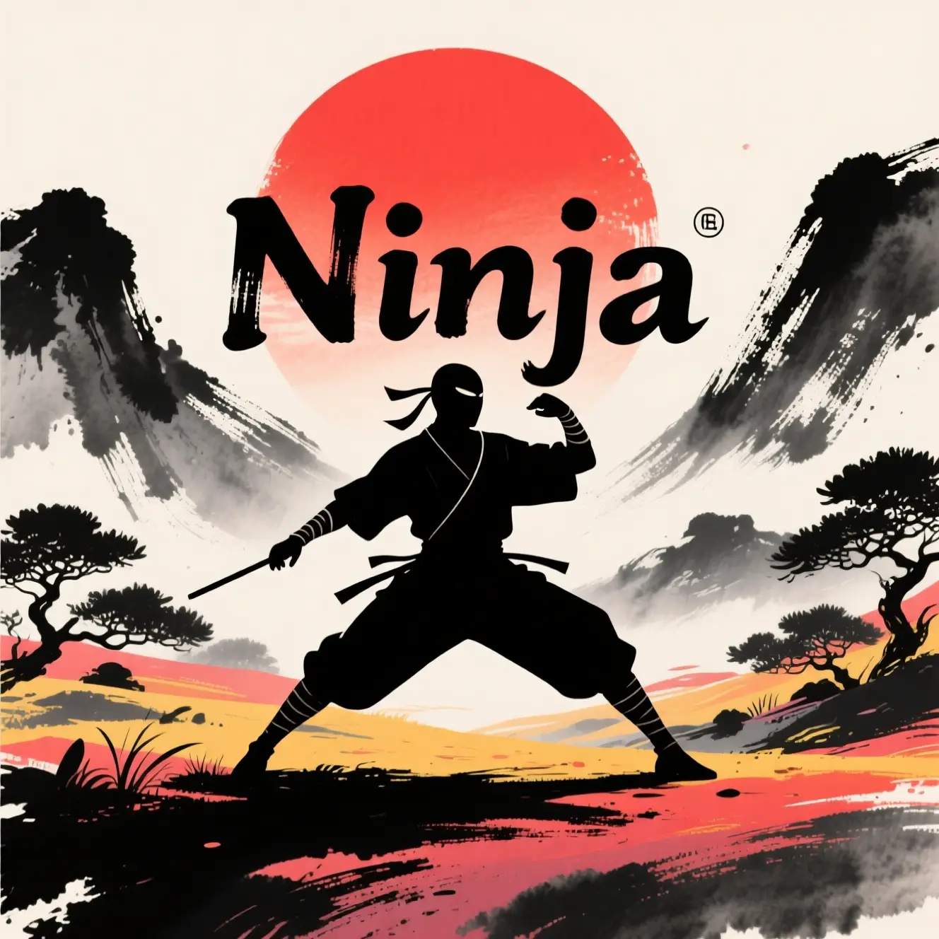 Minimalistische Ninja-Silhouette vor karmesinroter Sonnenlandschaft