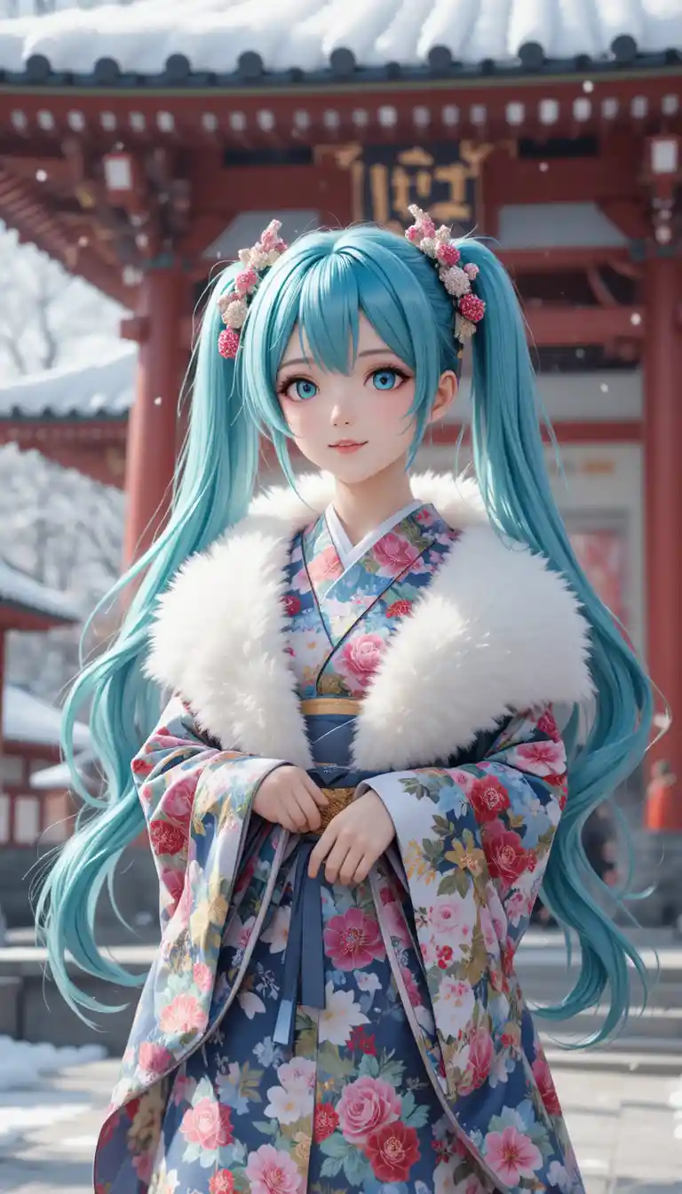 Fille anime en kimono fleuri dans un sanctuaire enneigé