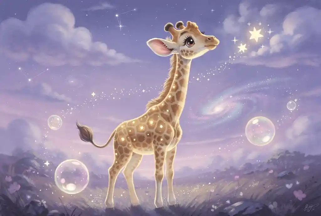 Dolce giraffa cucciola che raggiunge le stelle in un cielo notturno pastello