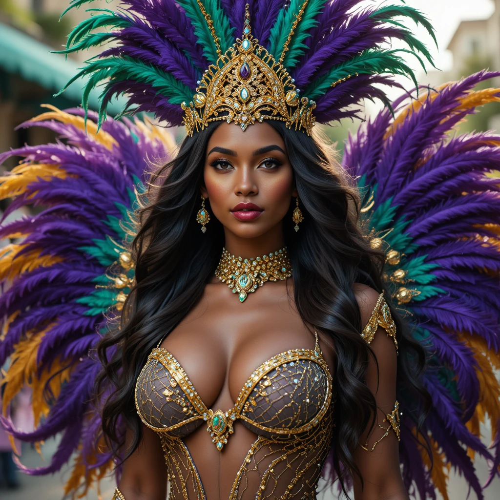 Showgirl nera di carnevale con costume di piume di Mardi Gras