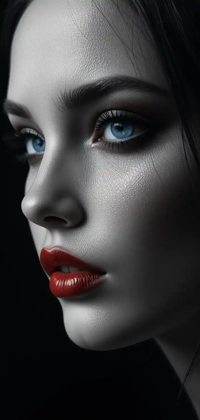 Glowing blue eyes and red lips in total darkness