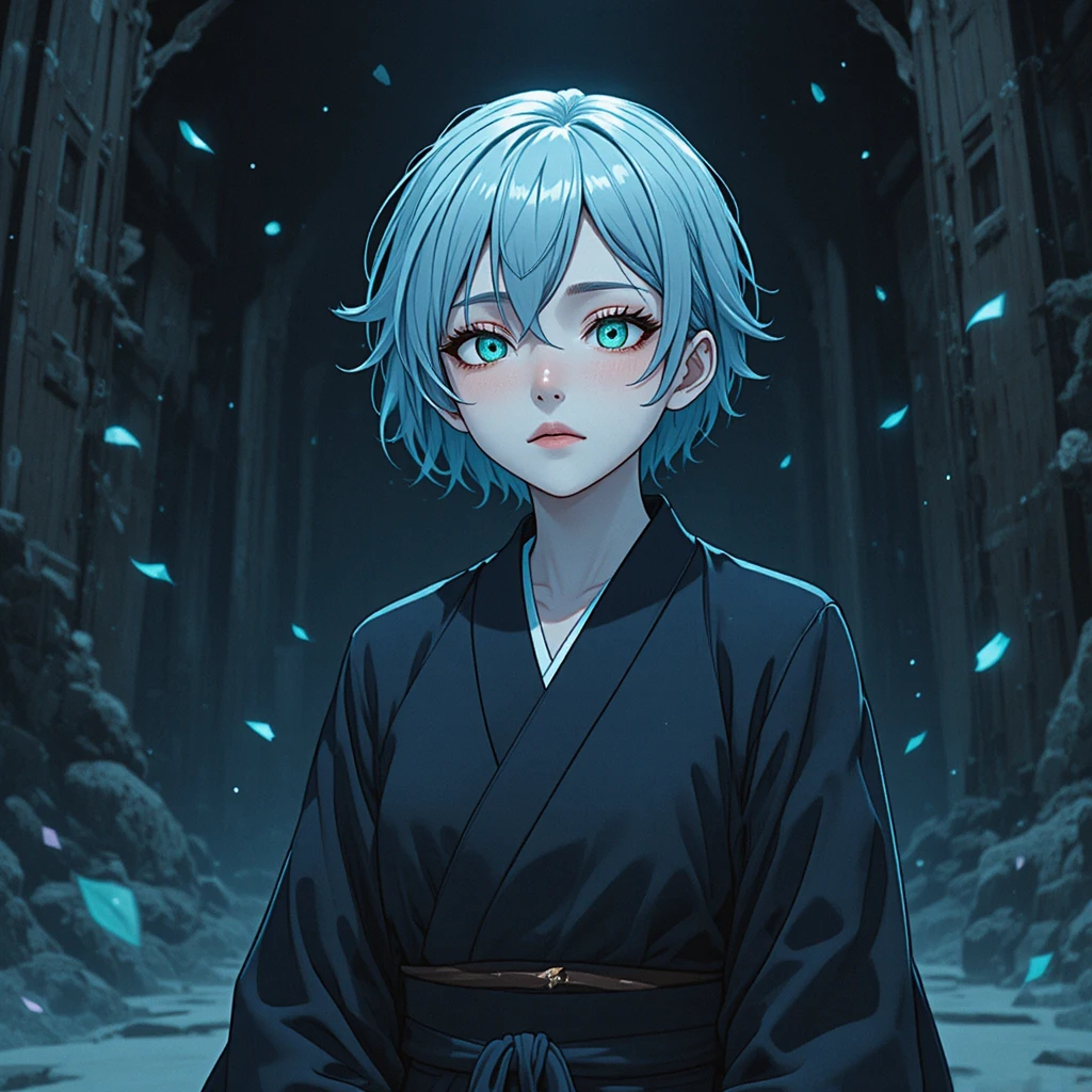 Melancholic anime boy standing under a soft nocturnal glow
