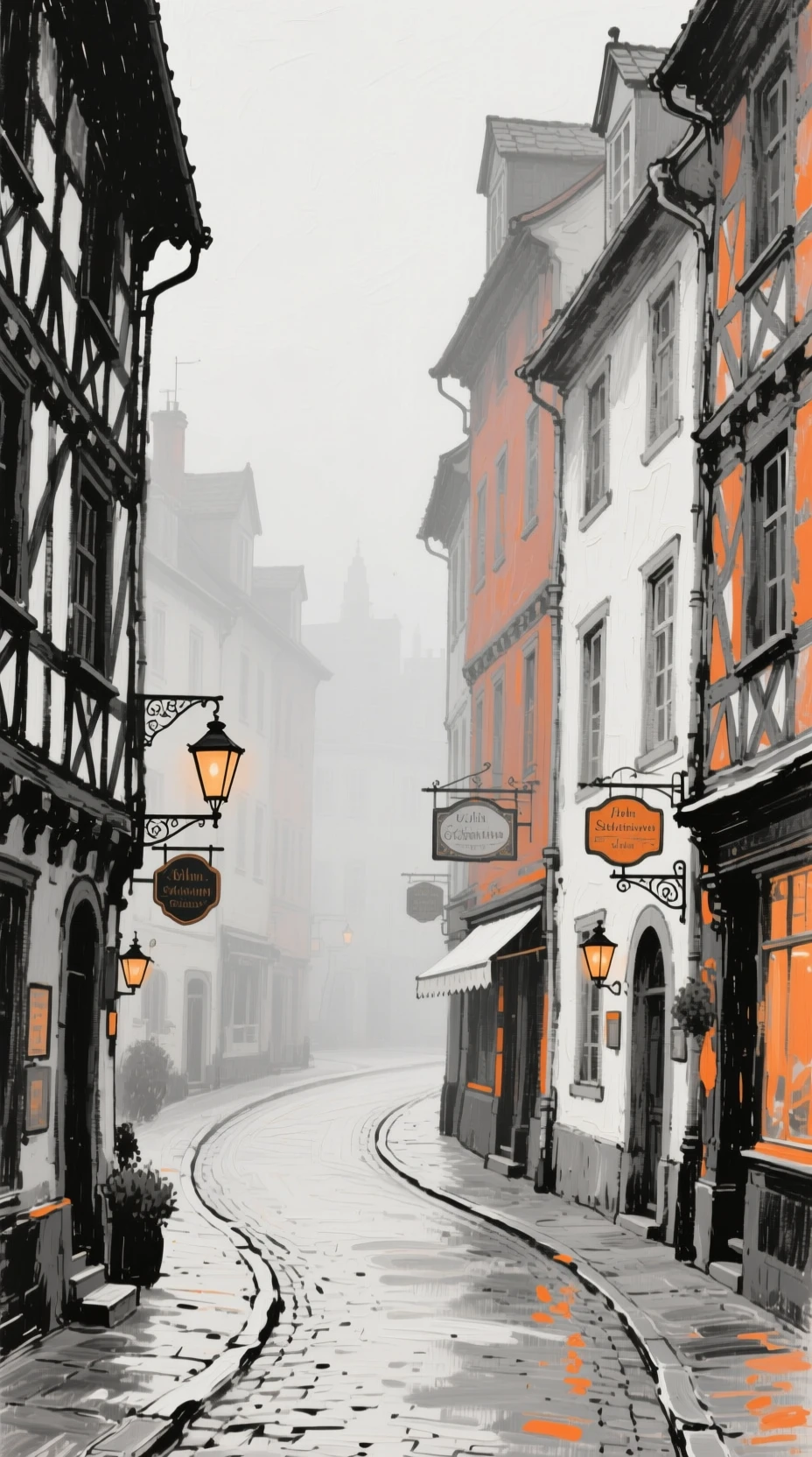 Rua histórica enevoada com altos prédios europeus