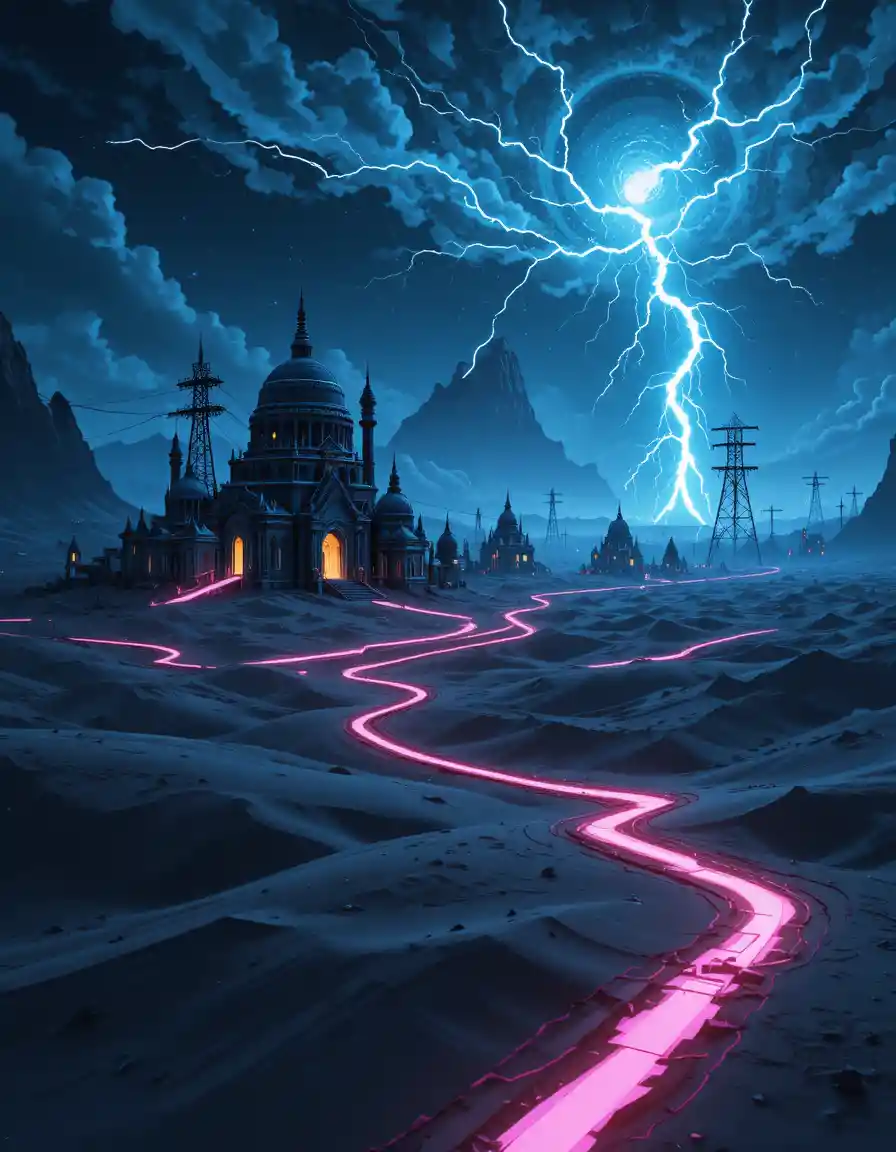 Temples néon dans le désert sous un ciel nocturne cyberpunk orageux