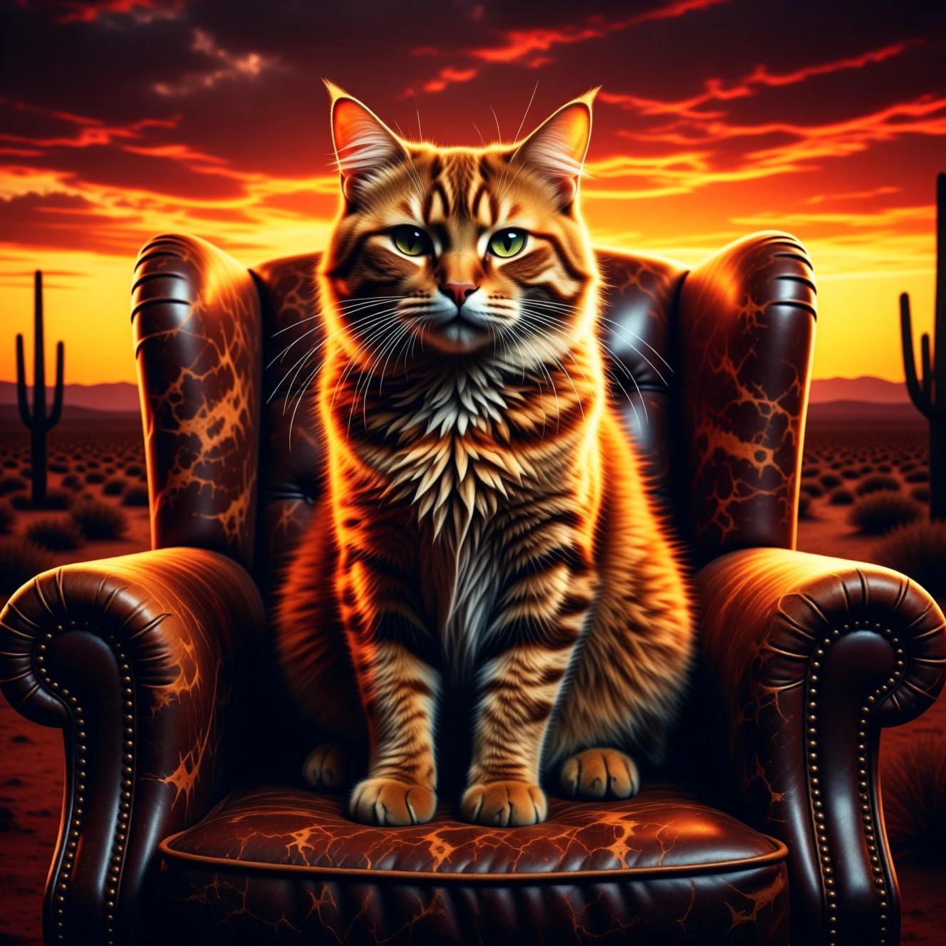 Gepanzerte orangefarbene Katze in einem Ledersessel bei Wüstensonnenuntergang