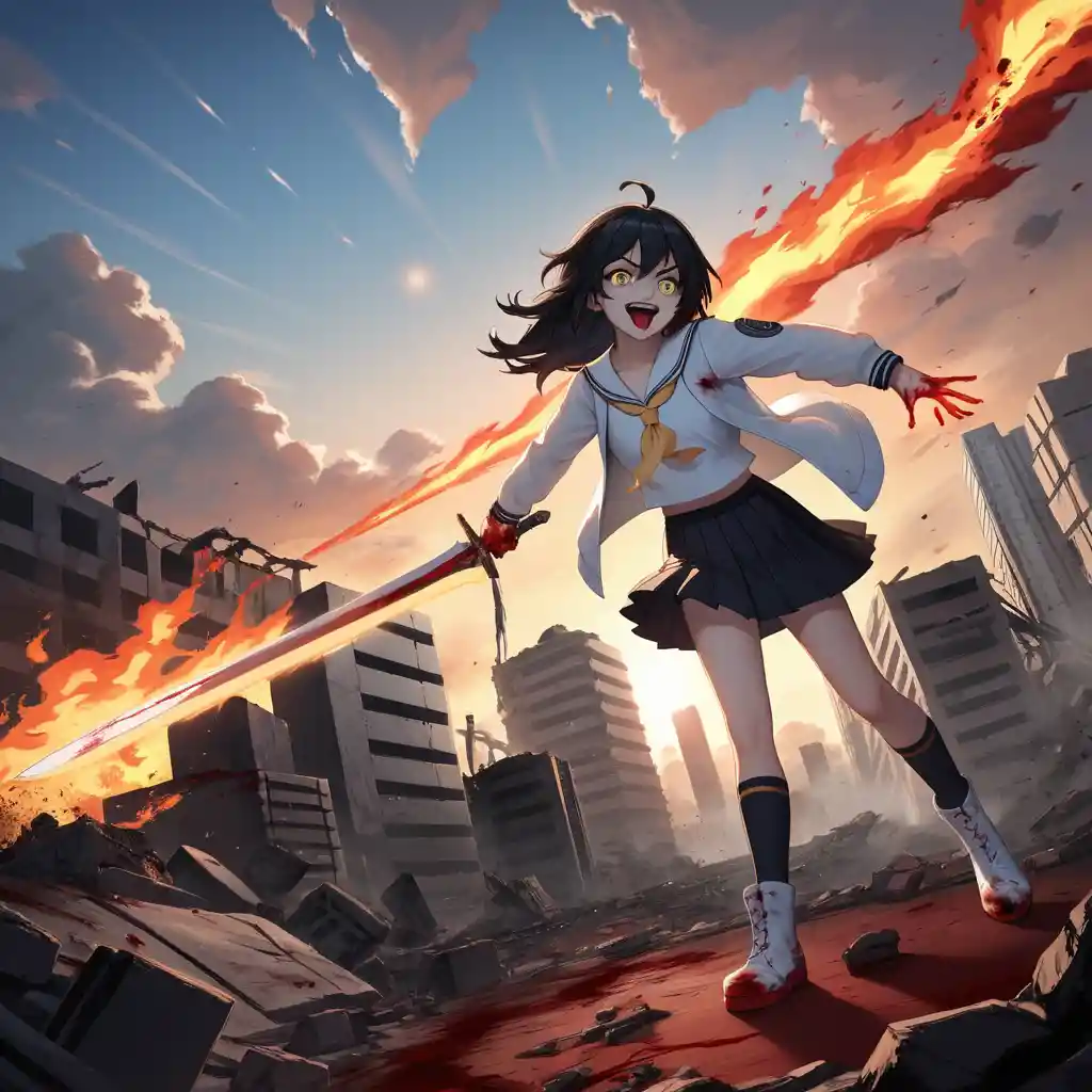 Bloodstained girl with sword in burning ruined city at sunset