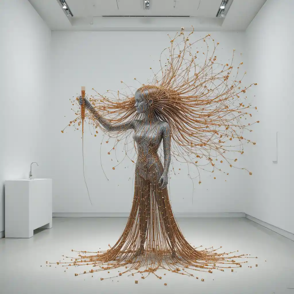 Dynamic sculpture of a woman with copper wire hair