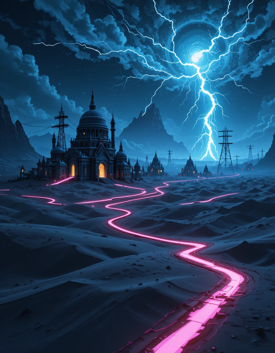 Templos neon no deserto sob um céu noturno cyberpunk tempestuoso