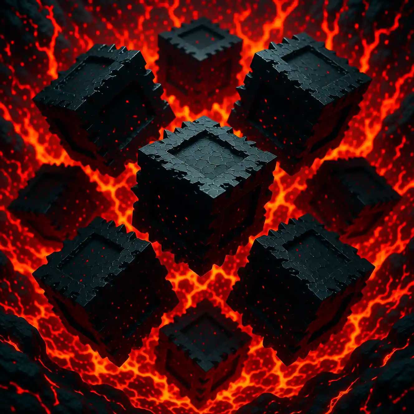 Chaotic black cubes swirling in blazing red space