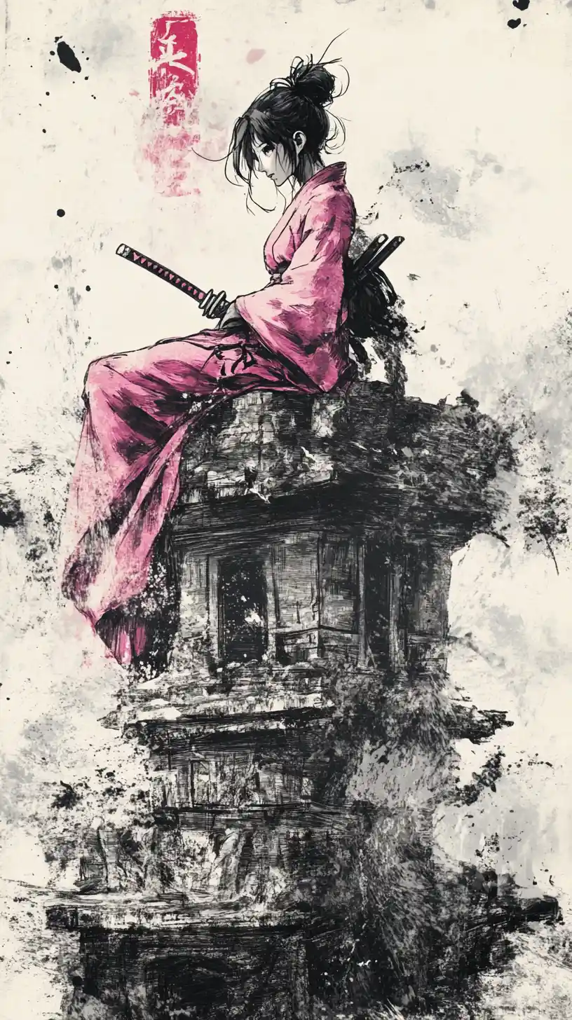 Giovane samurai donna sulle rovine di un antico tempio in pittura a inchiostro