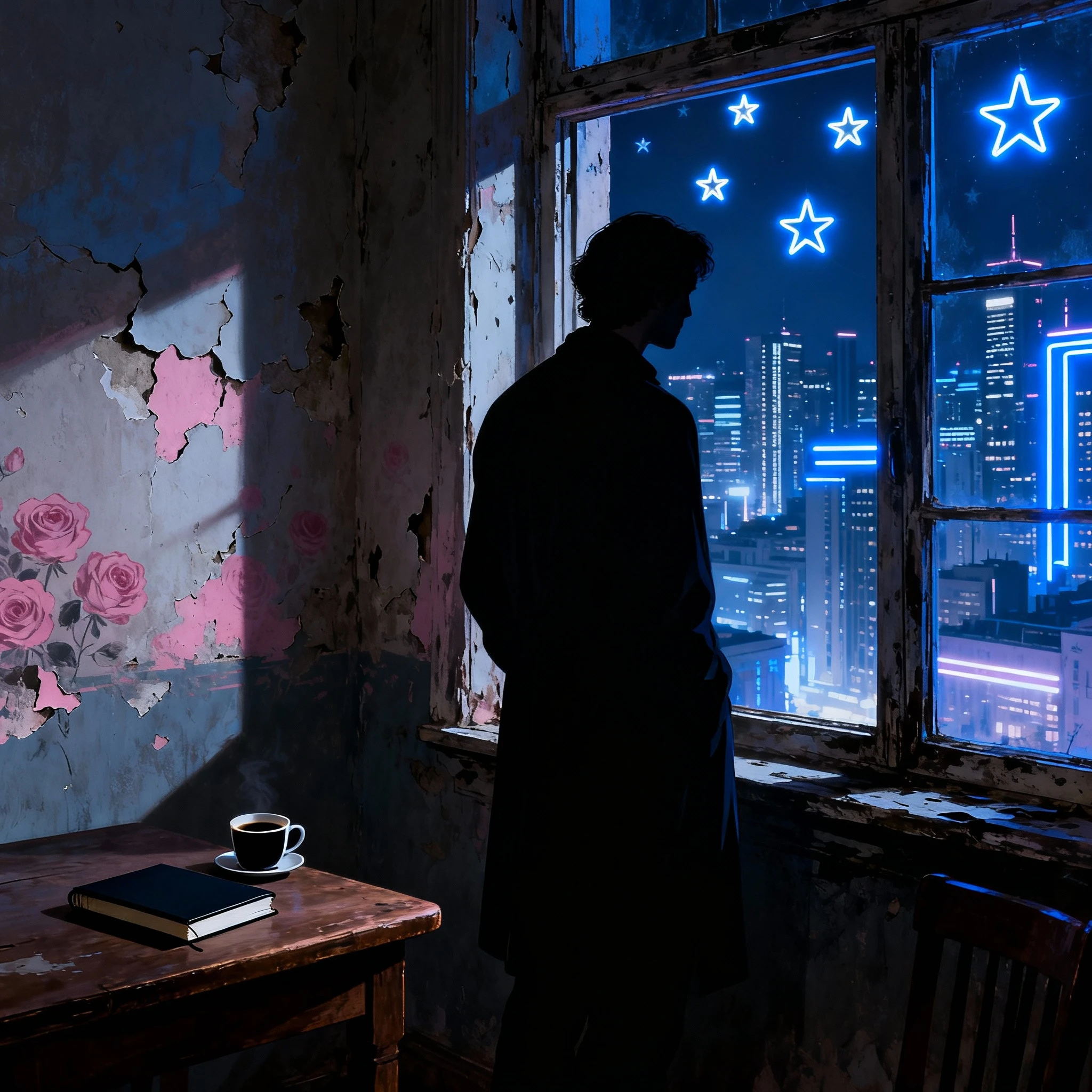 Solitary poet silhouette by a decaying window interior