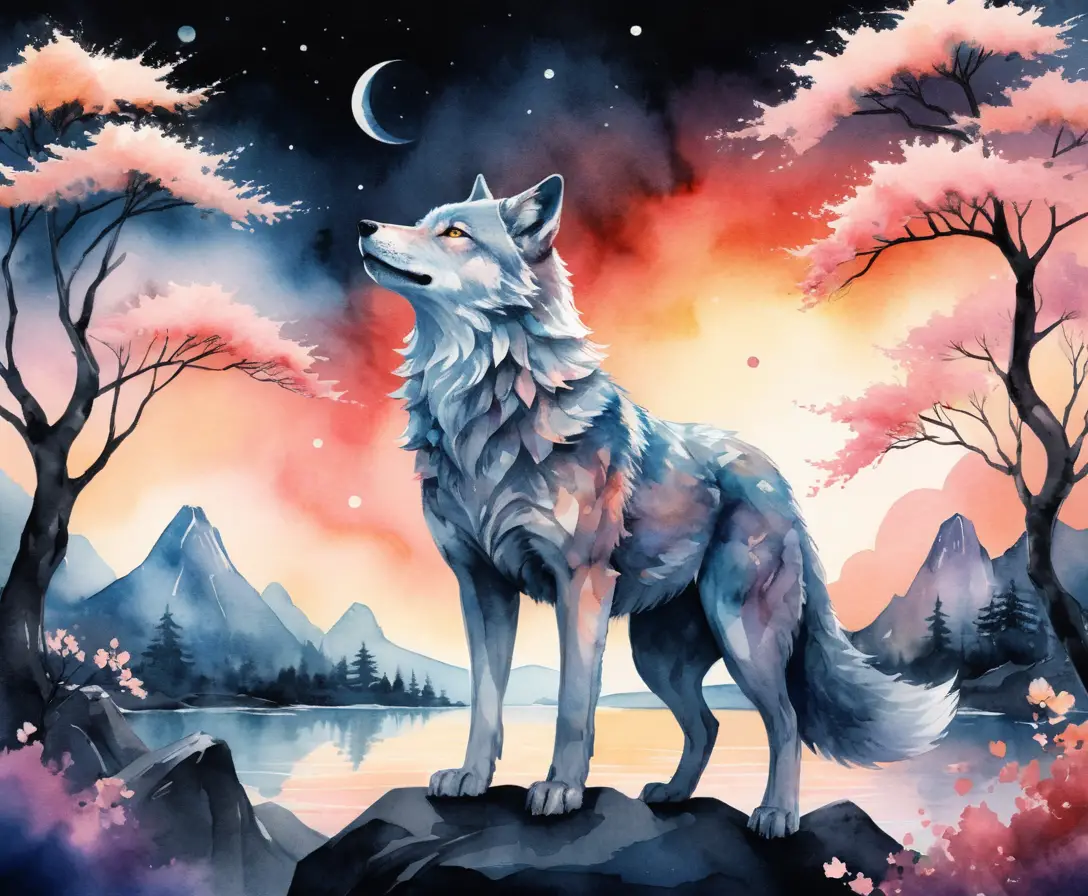 Minuscule loup mystique sur une branche de cerisier lumineuse