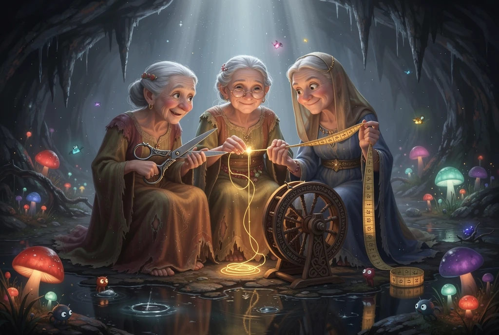 Three whimsical fates in a dark cave with glowing fungi