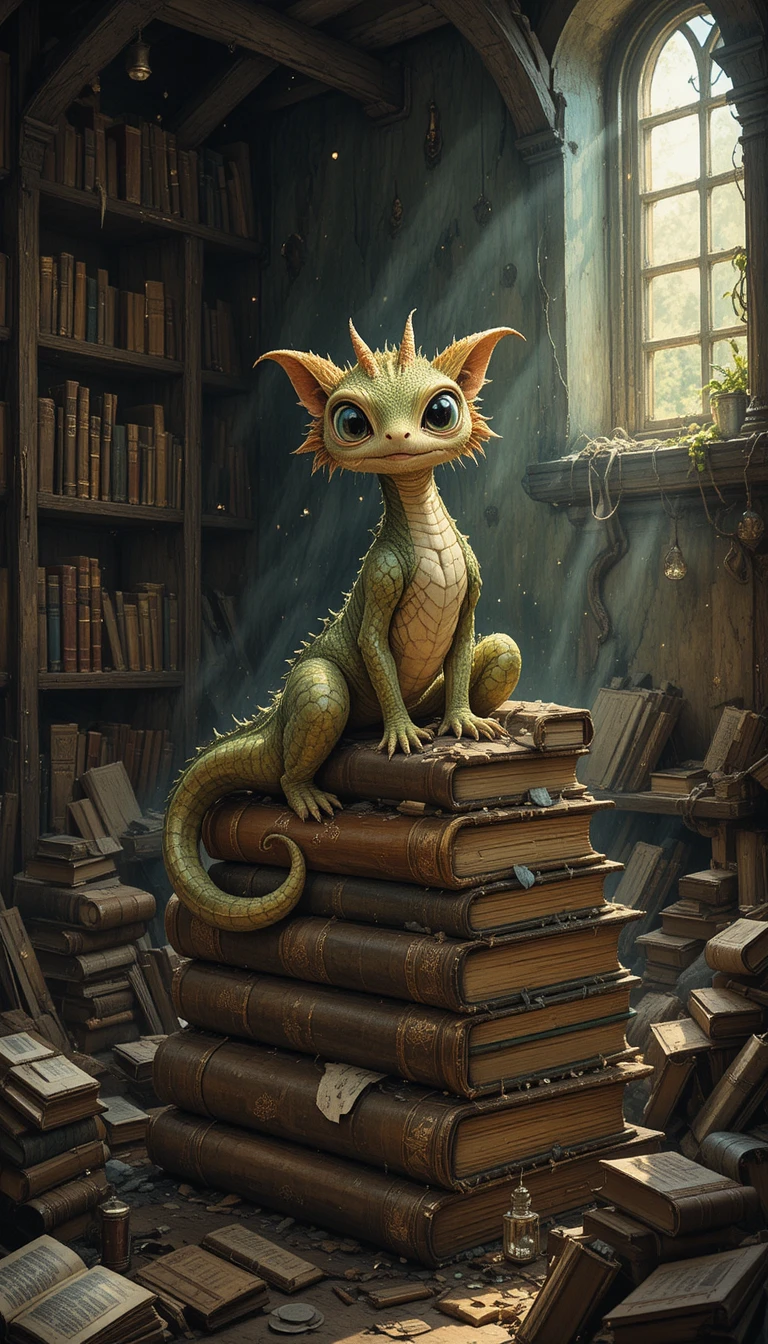 Whimsical dragon perched on old books in a dusty attic