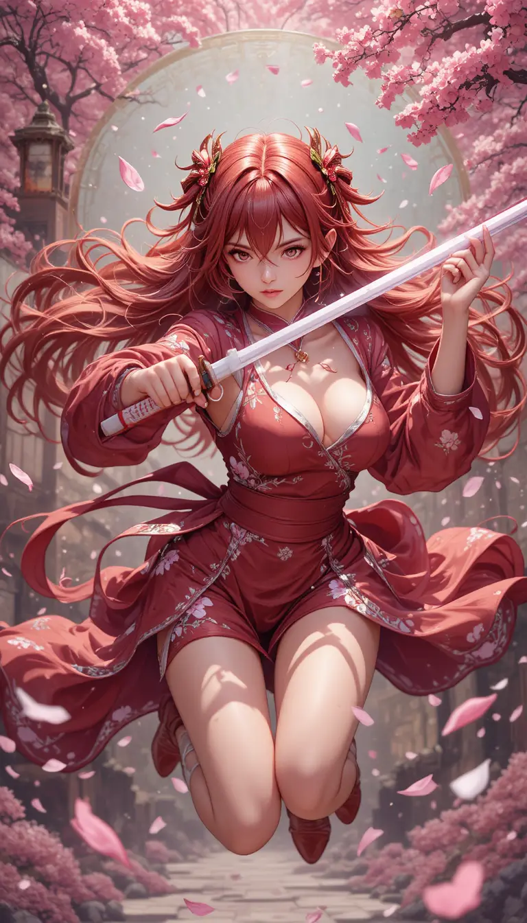 Anime-Schwertkämpferin springt mit Katana und Sakura-Blüten