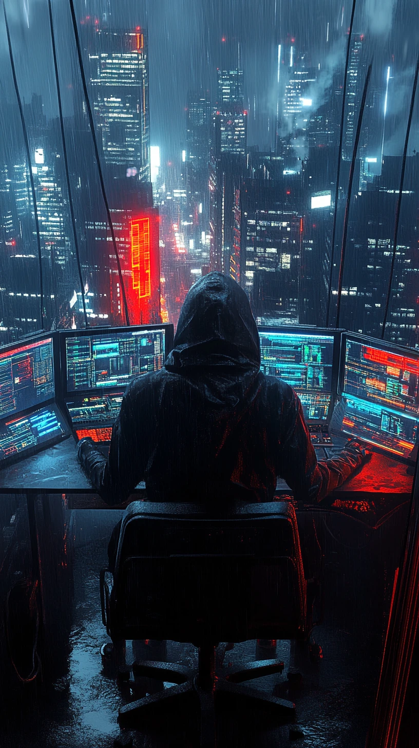 Hacker à capuche devant des écrans lumineux dans une salle de contrôle cyberpunk