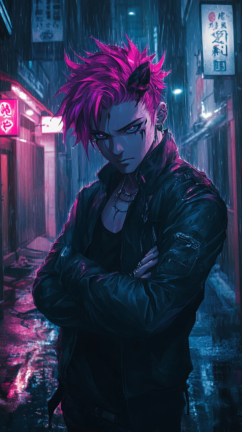 Homem de anime rebelde em viela chuvosa iluminada por neon