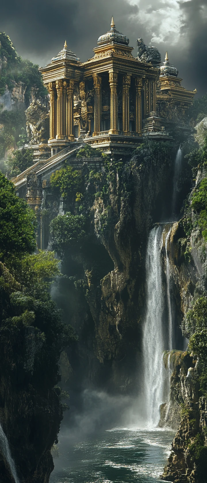 Templo de Buda no penhasco sobre cachoeira e mar tempestuoso